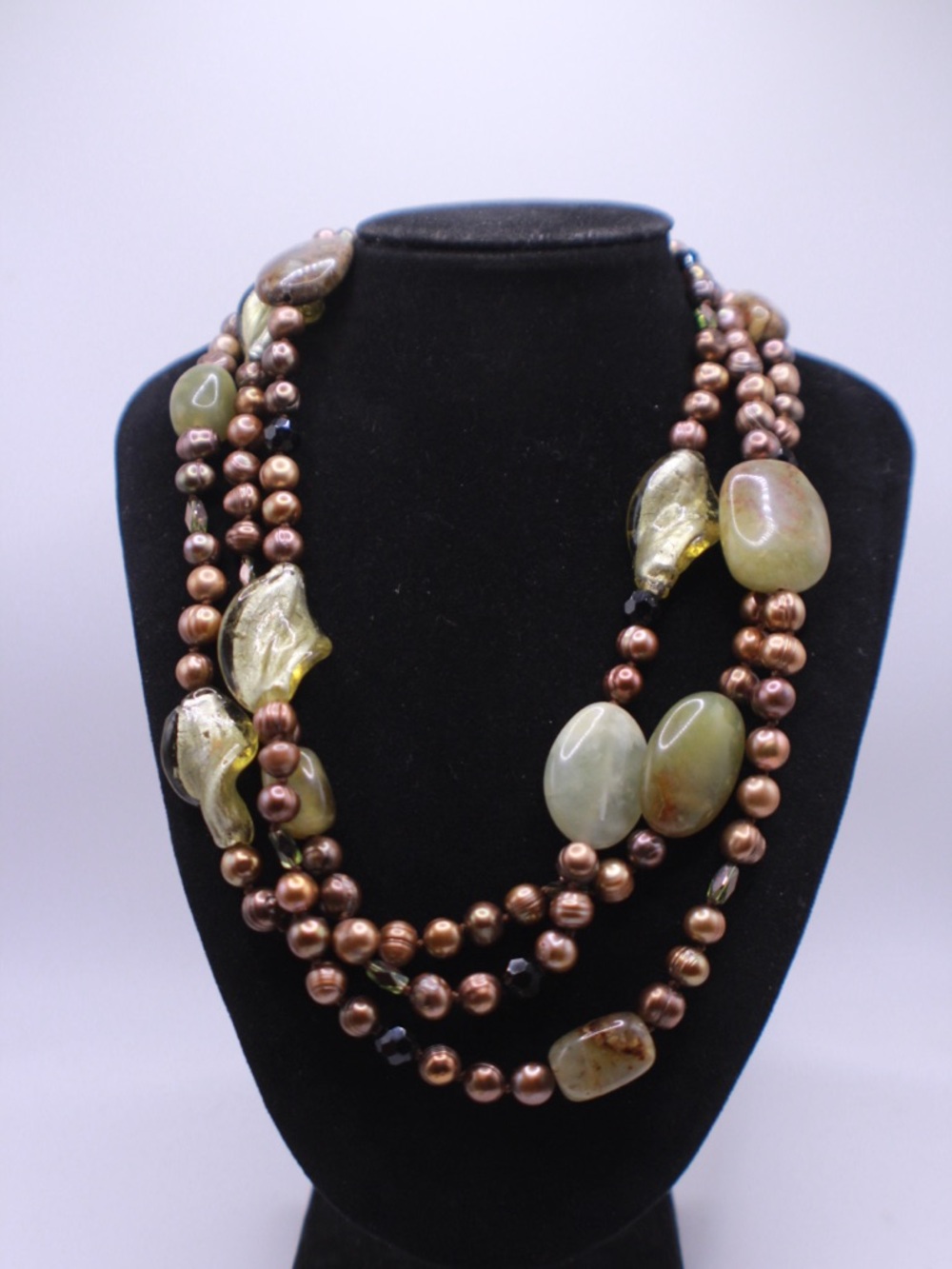 Single Strand Long Olive Green and Copper Genuine Pearl and stone necklace